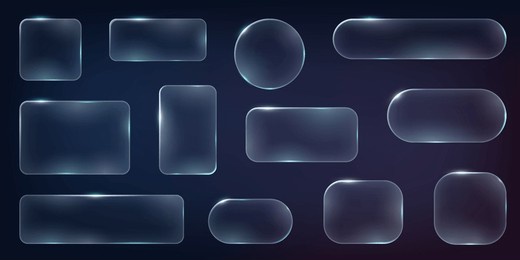 set of frames and design ui ux elements in the style of liquid glass. collection of translucent geometric shapes with glassy effect on a dark background. includes rectangles, circles, and ovals.
