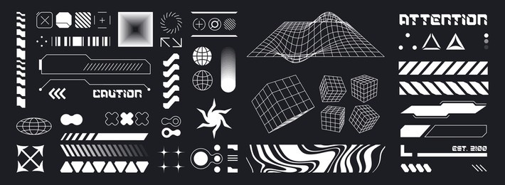 cyberpunk hud design elements in white on black - futuristic interface kit with grid wireframes, geometric shapes, digital patterns and tech symbols. sci fi ui components. data bars for game screens.