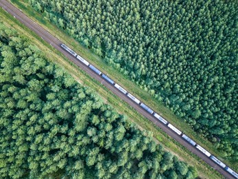 freight train transporting oil through virgin coniferous forest at sunset, aerial top view.