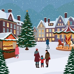 christmas market. illustration of decorated winter festive square with christmas tree, snow-covered houses, people, family, carousel. vector.