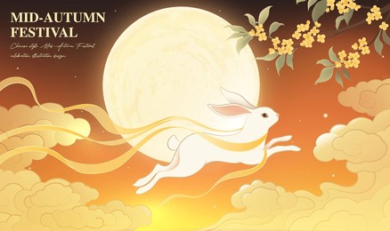horizontal mid-autumn festival illustration full moon and rabbit