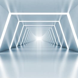 abstract empty light blue shining corridor interior with illumination, 3d render illustration