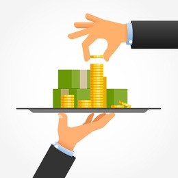 man adds a coin in a lot of money on a tray