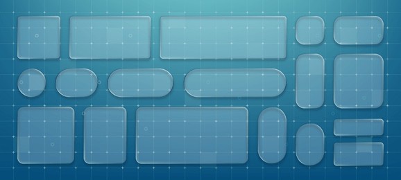 glass morphism elements set with transparent rectangles, squares, circles, and rounded shapes on blue grid background. abstract liquid glass design for modern ui displays.