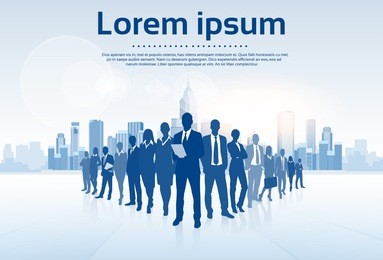business people group silhouettes over city landscape modern office buildings, vector illustration