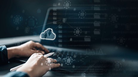 cloud computing technology. cloud database connect. data server storage management. data cloud concept. network computer. laptop typing coluding service transmisstion transfer.