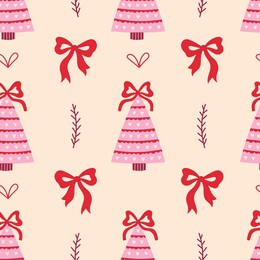 pink christmas tree and bow seamless pattern. coquette romantic holiday background with tied knot ribbon branch heart shapes. cute pastel colored vector illustration in flat style