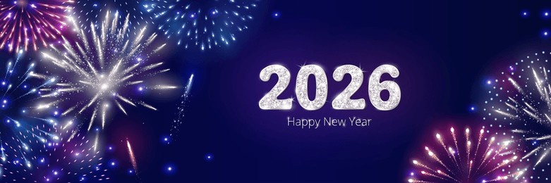 happy new year background. 2026 white glitter numbers. night sky with shiny fireworks explosion. holiday decoration. for calendars, party posters, christmas season campaigns and social media. vector.
