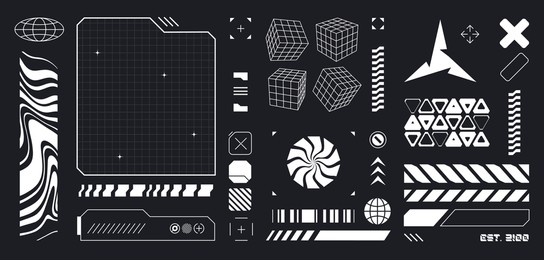 cyberpunk hud design elements in white on black - futuristic interface kit with grid wireframes, geometric shapes, digital patterns and tech symbols. sci fi ui components. data bars for game screens.