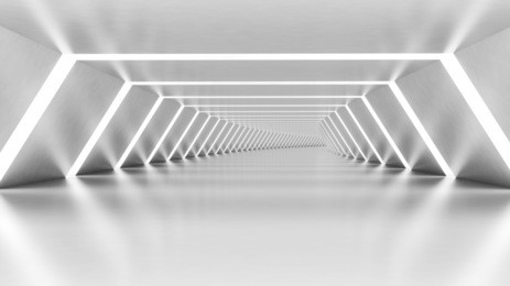 abstract empty illuminated white shining bent corridor interior, 3d render illustration