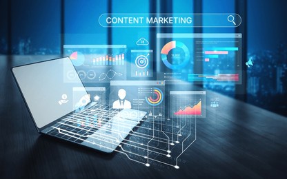 content marketing interface with data dashboards, analytics charts, and content tools. marketing success comes from content performance, content planning, and marketing optimization. spline