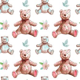 vintage vector pattern with baby illustration. watercolor cute kids illustration. children pattern  with  vintage textile bear and flowers. pastel colors.