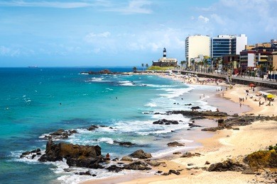 view of barra beach and famous farol da barra (barra lighthouse) in salvador, bahia, brazil.