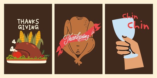 thanksgiving poster set in cartoon retro groovy style. traditional roast turkey and harvest elements. happy family autumn holiday. vector illustration