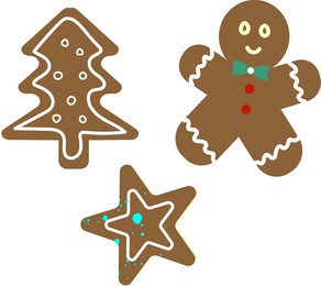 three vector illustrations of christmas cookies: a gingerbread man with a green bow tie, a brown star, and a christmas tree, all decorated with white icing.