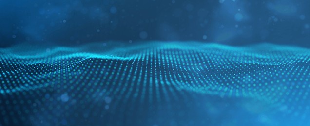 wave of blue particles. abstract technology flow background. sound mesh pattern or grid landscape. digital data structure consist dot elements. future vector illustration.