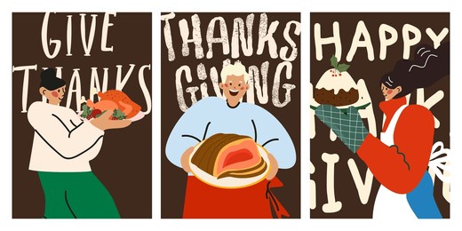 thanksgiving poster set in cartoon retro groovy style. cute people characters, traditional roast turkey, cakes and modern text. happy family autumn holiday. vector illustration