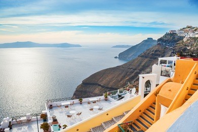 beautiful sea view in fira town at sunset. santorini island, greece. 