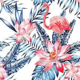 watercolor pink flamingo and flower lotus on floral nature background. trendy blue exotic tropic plant banana palm leaf, print wallpaper seamless vector pattern