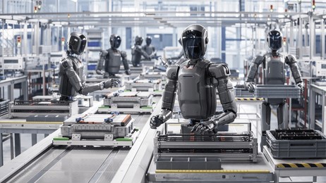 3d render: portrait of advanced humanoid robot in industrial environemnt. industrial automation ai accelerated: autonomous ai powered humanoid robots work at factory on assembly line.