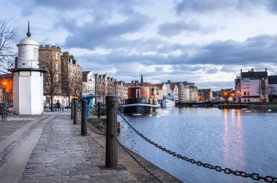cobbled footpath along leith harbour, edinburgh, scotland
