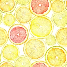 watercolor pattern with slices of lemon, orange and grapefruit.