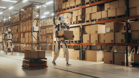 robotic worker walking with a cardboard box inside a warehouse in a smart factory. humanoid robot working in a logistics center, performing human tasks with the help of artificial intelligence