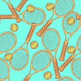 sketch tennis equipment in vintage style, vector seamless pattern