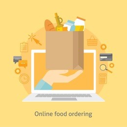 flat design colorful vector illustration concept for online ordering of food, grocery delivery, e-commerce isolated on bright background 