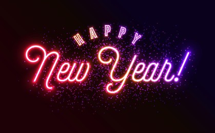 happy new year 2026 greeting card design with glowing neon light typography lettering on dark sparkle background. vector christmas holiday season illustration for calendar, celebration poster, party