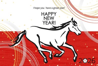 japanese new year's materials for 2026: traditional japanese patterns with the zodiac sign of the horse and string-like ornaments called mizuhiki