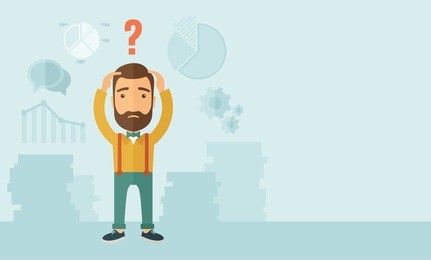 a sad caucasian businessman with question mark over his head showing that he is in a big trouble. . a contemporary style with pastel palette, soft blue tinted background. vector flat design