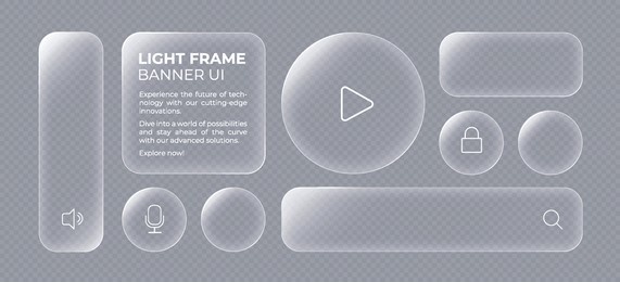 liquid glass button interface, light frame banner set, glass panel for mobile and web app, tech board frame in futuristic style. hud element interface with glow effect, vector illustration. 