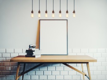 canvas template on the wood table in white room. 3d rendering