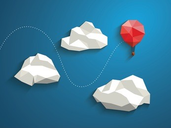 low poly red balloon flying between polygonal clouds in the sky. business concept for new projects or traveling. eps10 vector illustration