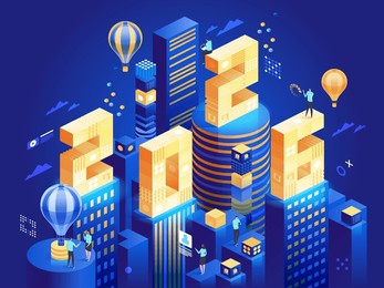 2026 happy new year. new innovative ideas. digital technologies. isometric technology for new year holiday posters and banners. vector illustration with trendy geometric elements