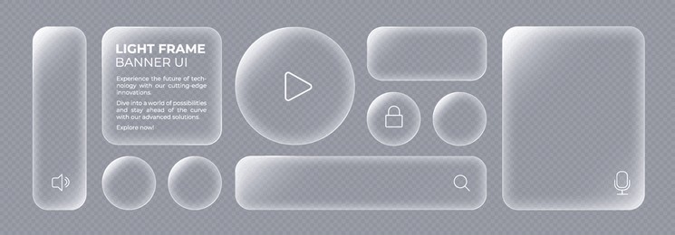 liquid glass button interface, light frame banner set, glass panel for mobile and web app, tech board frame in futuristic style. hud element interface with glow effect, vector illustration. 