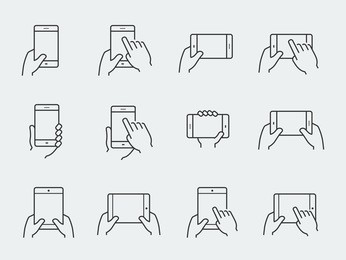 icon set of hands holding smartphone and tablet