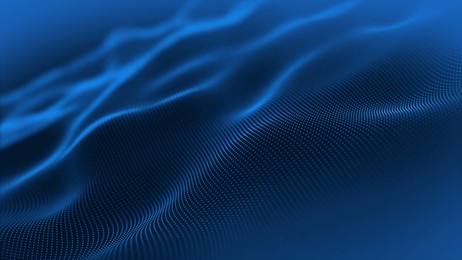 blue particle wave on a cyber technology background. abstract digital mesh with glowing dots forming luxurious wave patterns, representing data flow. perfect for futuristic tech visuals, digital art,