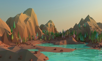 3d low poly landscape with mountains and water at foreground