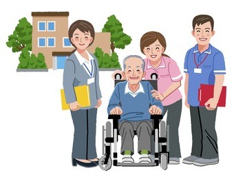 cheerful elderly person in wheelchair with his nursing caretakers and with nursing home in distance.