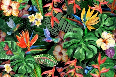 tropical flowers watercolor pattern exotic leaves and plants. realistic watercolor painting: butterfly, flying bird of paradise hummingbird, strelitzia, palm, banana leaves, red hibiscus, plumeria