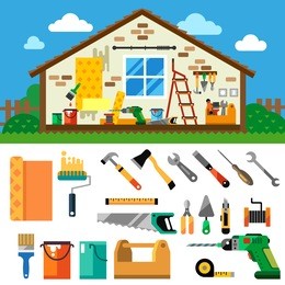 home repair landscape. construction. tools and materials: hammer, ax, jig saw, screwdriver, wrench, saw, pliers , drill, screwdriver, ruler, wallpaper, paint, paintbrush. vector flat  illustration