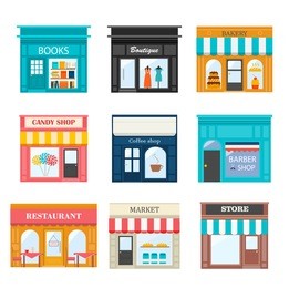 different shops and stores icons set. includes books, candy, barber, coffee shop, boutique, bakery, restaurant,  market