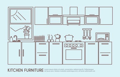 modern kitchen furniture interior design with utensils and decor outline vector illustration