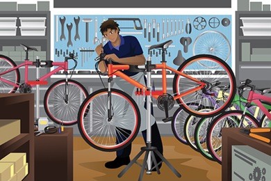 a vector illustration of bike repairman repairing a bicycle in his shop