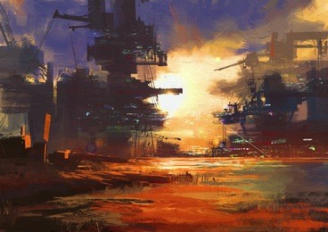 mega structure in sci-fi city at sunset,digital painting,illustration