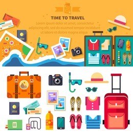 time to travel, summer vacation, beach rest: sun, sea, waves, mask, hat, open suitcase, clothes, shoes, passport, tickets, map. vector flat background and objects illustrations