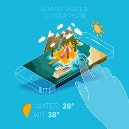 flat vector isometric composition on screen phone. summer vacation on the island. paradise with palm trees, a waterfall and a yacht. pictured 3d isometric concept.