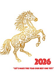 square new year greeting card with a golden fire horse on a luxurious christmas background. stylish christmas pattern and christmas ornaments enhance the elegant winter atmosphere. perfect for seasona